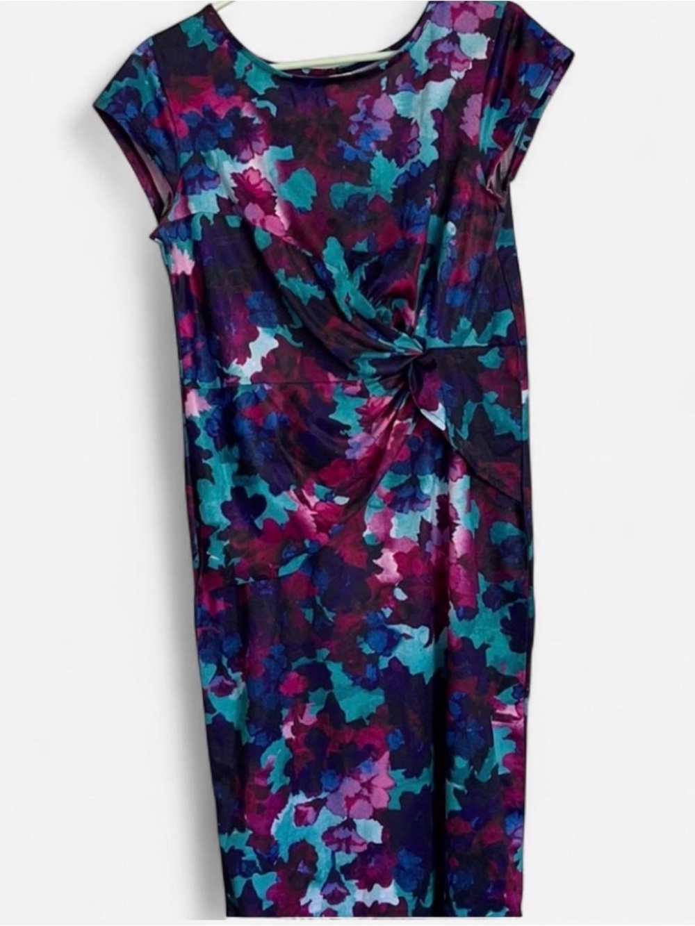 Watercolor floral ruched body con dress purple teal size M